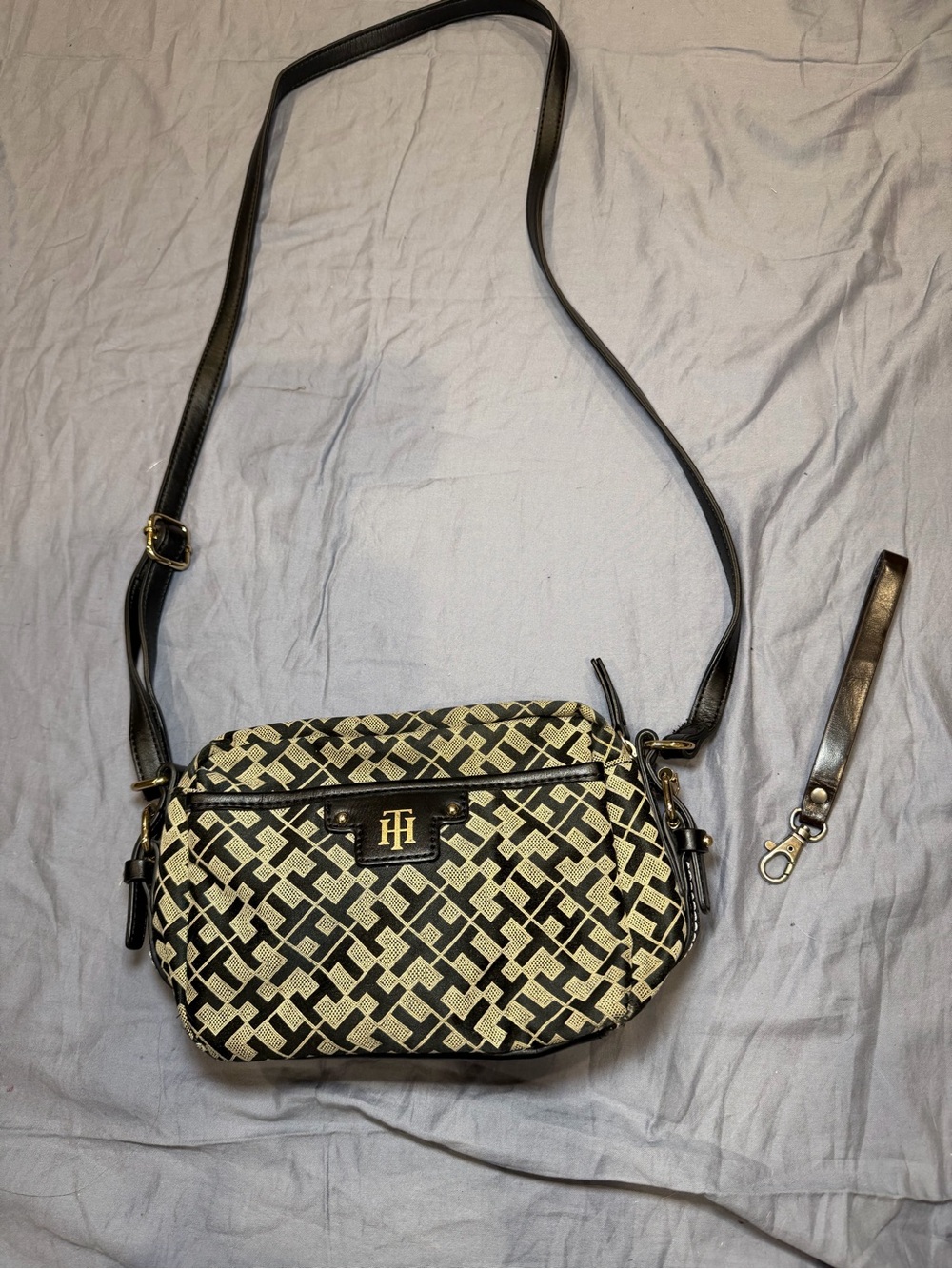 Tommy Hilfiger Monogram Crossbody Bag Black Cream Gold